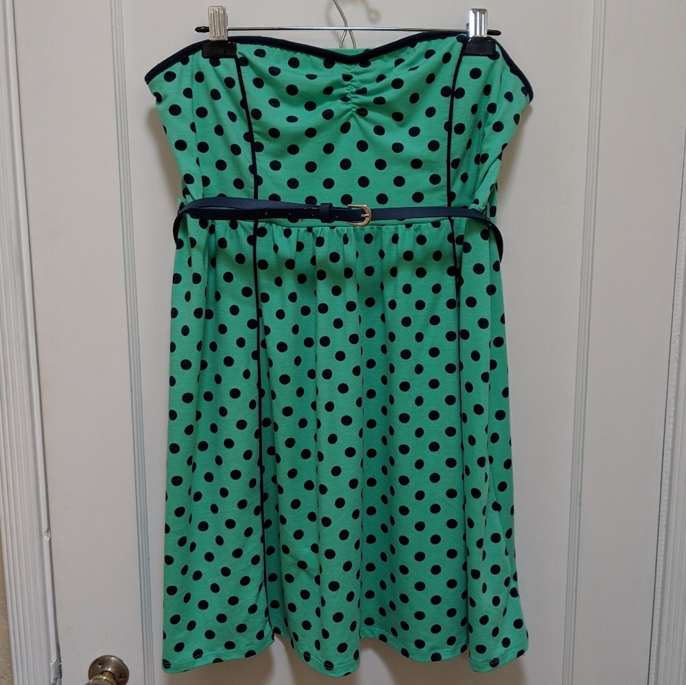 Xhilaration| Mint & navy polka dot strapless dress